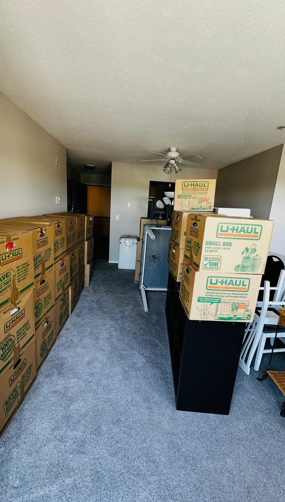 Apartment stacked with moving boxes